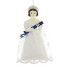 Queen Victoria character hanging decoration wearing a white lace dress with blue sash and sparkling tiara.