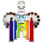 A silver pin badge in the shape of the Historic Royal Palaces logo, featuring the colours of the pride rainbow flag.