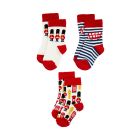 Three pairs of red and white baby socks with London icons