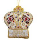 A white crown fabric hanging decoration with coloured gems and beads. Two Union Jacks are in the centre with 'Queen Elizabeth II 1926 - 2022' stitched in gold at the bottom