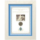 White and blue framed set of coin and stamp of Queen Elizabeth II