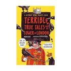 The front cover of "Terrible True Tales from the Tower of London: As told by the Ravens". The cover is yellow and features illustrations of the White Tower, a Beefeater and the ravens. 