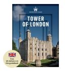 The cover of a Tower of London guidebook with a photo of the White Tower with a blue sky behind. The title says Tower of London. There is a roundel offer that reads, free UK delivery on this guidebook. 
