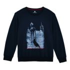 A dark navy sweatshirt with long sleeves and a round neck. With a chest print of a raven and the White Tower. It features graffiti from inside the Tower of London laid over the graphic. 
At the bottom, there is red text that reads Tower of London. 