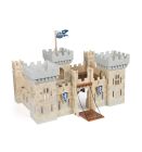Children's toy castle made from blocks featuring a drawbridge, turrets and a flag