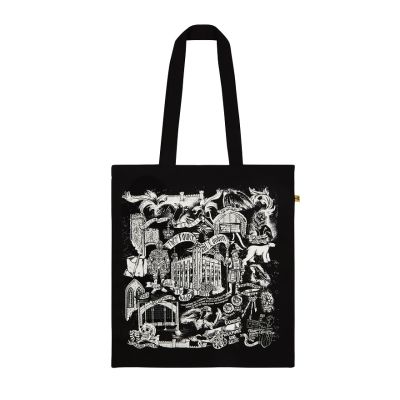 Black tote back with white illustration of the Tower of London