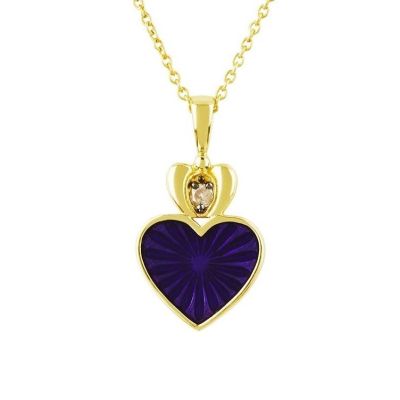 Exclusive 14ct Gold Vermeil Purple Enamel Heart Diamond Crown Pendant 