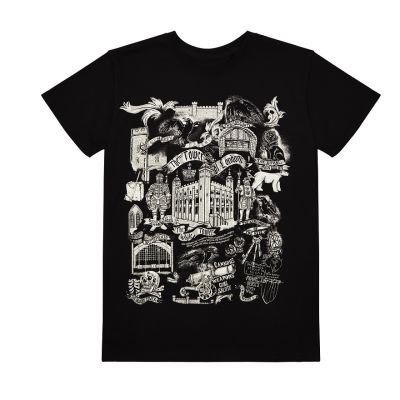 Black t-shirt with white illustration of the Tower of London