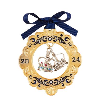 2024 King Charles III and Queen Camilla Dated Decoration - A gold decoration with a silver Imperial State Crown & Queen Mary's Crown in the centre. Decorated with a blue floral design, blue ribbon and dated.