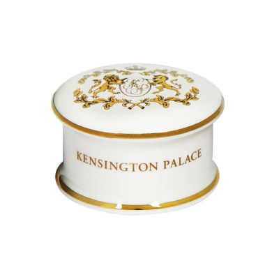 Small white china trinket box with gold rim and Kensington Palace crest
