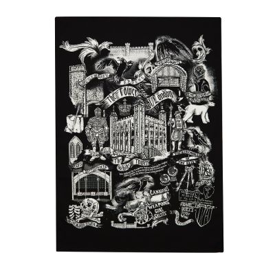 Black tea towel with white illustration of the Tower of London