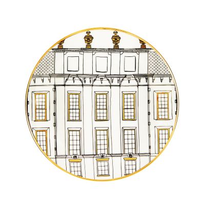 White china plate with black and gold geometric design of Kensington Palace