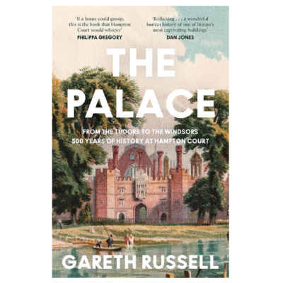 Illustrated book cover of Hampton Court Palace with white text