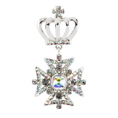 Rhodium plated crown and cross AB crystal pin brooch
