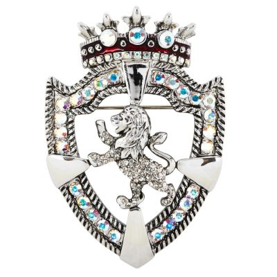 Rhodium plated lion crest crystal brooch