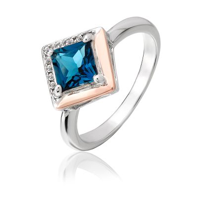 Clogau Gold kensington Love Story silver and rose gold ring set with large blue topaz and white topaz details