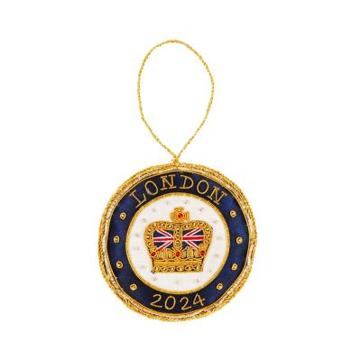 Blue and gold round fabric hanging decoration with 'London 2024' text
