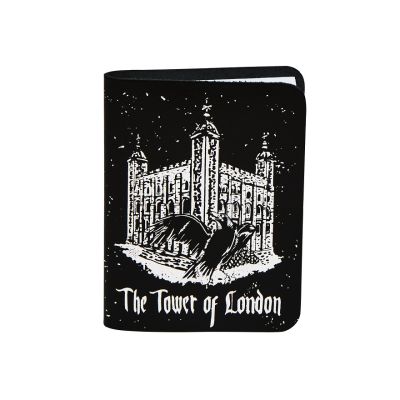 Small black leather notebook with white illustration of the Tower of London