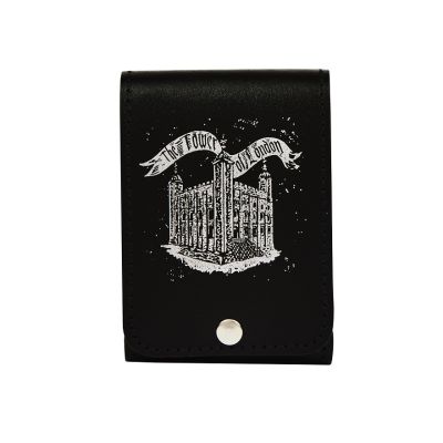 Black leather playing cards case with white illustration of the Tower of London