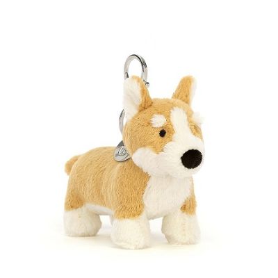 Small brown and white fluffy corgi plush toy on keyring