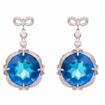Rhodium plated bow and blue crystal drop stud earrings