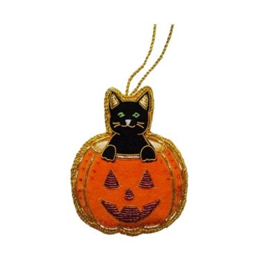 Cat Pumpkin Dec - An orange pumpkin, fabric hanging decoration, with a black cat peering out of the top.