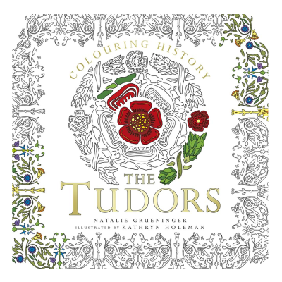 Book cover of ornate floral pattern designed to be coloured in with the Tudor Rose symbol