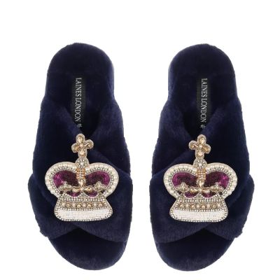 Crown Slippers - Navy blue faux fur slippers with sequin purple & gold crowns made up of faux gems. 