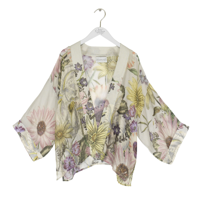 Cream silk kimono gown with floral design of daisies and iris