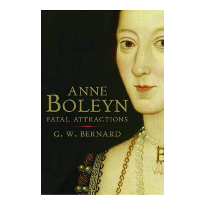 Black book cover with gold text displaying painted bust of Anne Boleyn