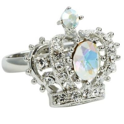 Rhodium plated jewelled crown ring