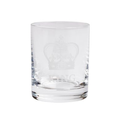Crown King Tot Glass - A tot glass with a white crown and the word 'King' engraved underneath. 