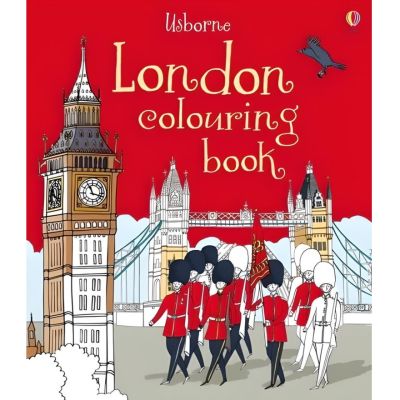 Red book cover displaying Big Ben, Tower Bridge and English Guardsmen in London half coloured in