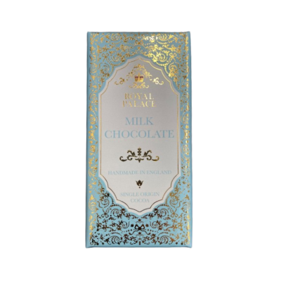 Chocolate bar in light blue and gold ornate designed wrapper