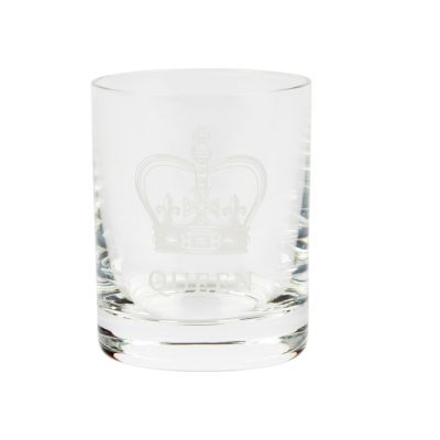 Crown Queen Tot Glass - A tot glass with a white crown and the word 'Queen' engraved underneath. 
