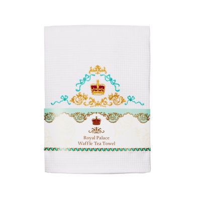 Royal Palace Waffle Tea Towel - A white tea towel featuring an embroidered crown and a gold and turquoise pattern. 