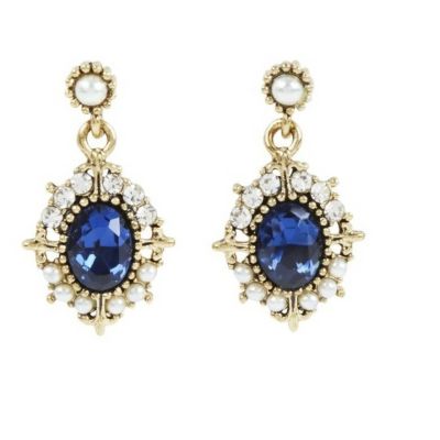 Crystal Sapphire And Pearl Drop Stud Earrings