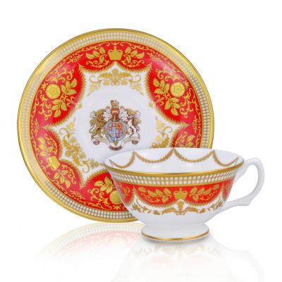 Royal Palace Crest fine bone china red and gold teacup and saucer