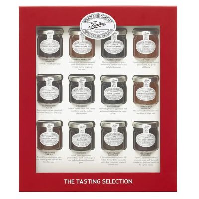 A set of 12 small jars of jam in various flavours, presented in a red gift box.