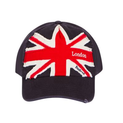 Distressed Union Jack Baseball Cap - A navy blue cap featuring a Union Jack on the front with London England written.