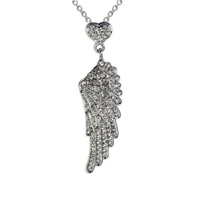 Rhodium plated wing and heart clear crystal pendant necklace