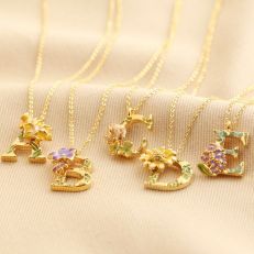 Gold-plated initial necklace with enamel flowers