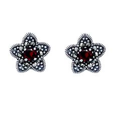 Marcasite Sterling Silver and Garnet Flower Earrings