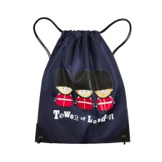 Blue drawstring bag with three illustrated guards on the front 