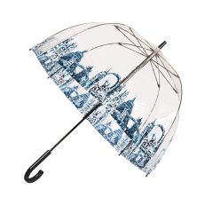 Open umbrella with blue illustration London skyline and landmarks on it