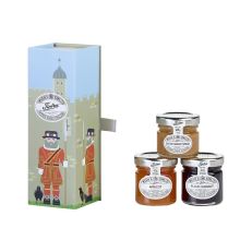 Wilkin & Sons Ltd Tiptree gift set in Beefeater design tin - Trio of Salted caramel spread, Apricot jam and Blackcurrant jam