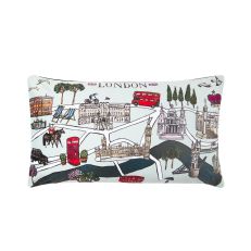 Blue cushion with illustrations of London's landmarks