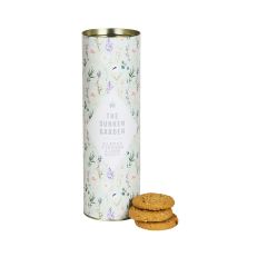 Long biscuit tube tin with floral pastel design and biscuits