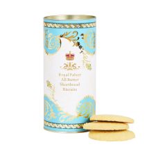 Aqua and gold biscuit tin with biscuits