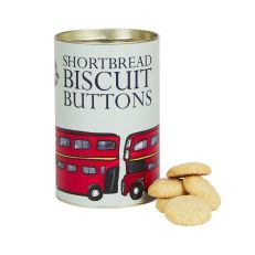 Blue biscuits tin with red double decker bus on it and biscuits